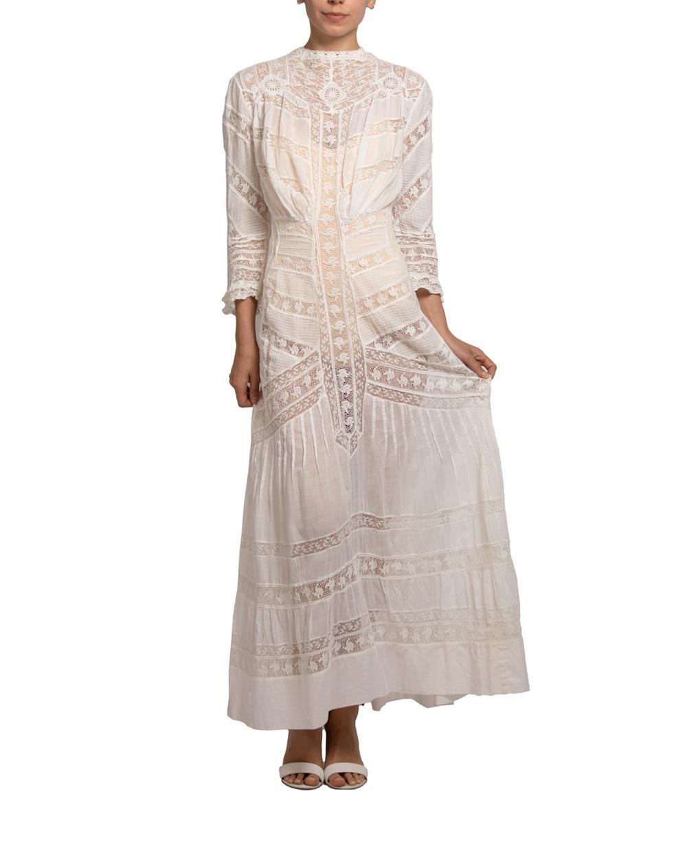 Victorian Cream Organic Cotton Lace Tea Dress With Sleeves For Sale 3