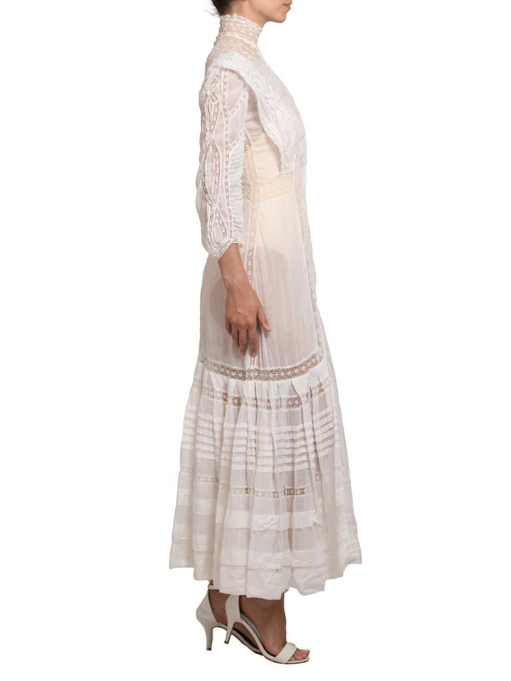 Victorian Cream Organic Cotton Voile & Lace Long Sleeved Dress In Excellent Condition For Sale In New York, NY