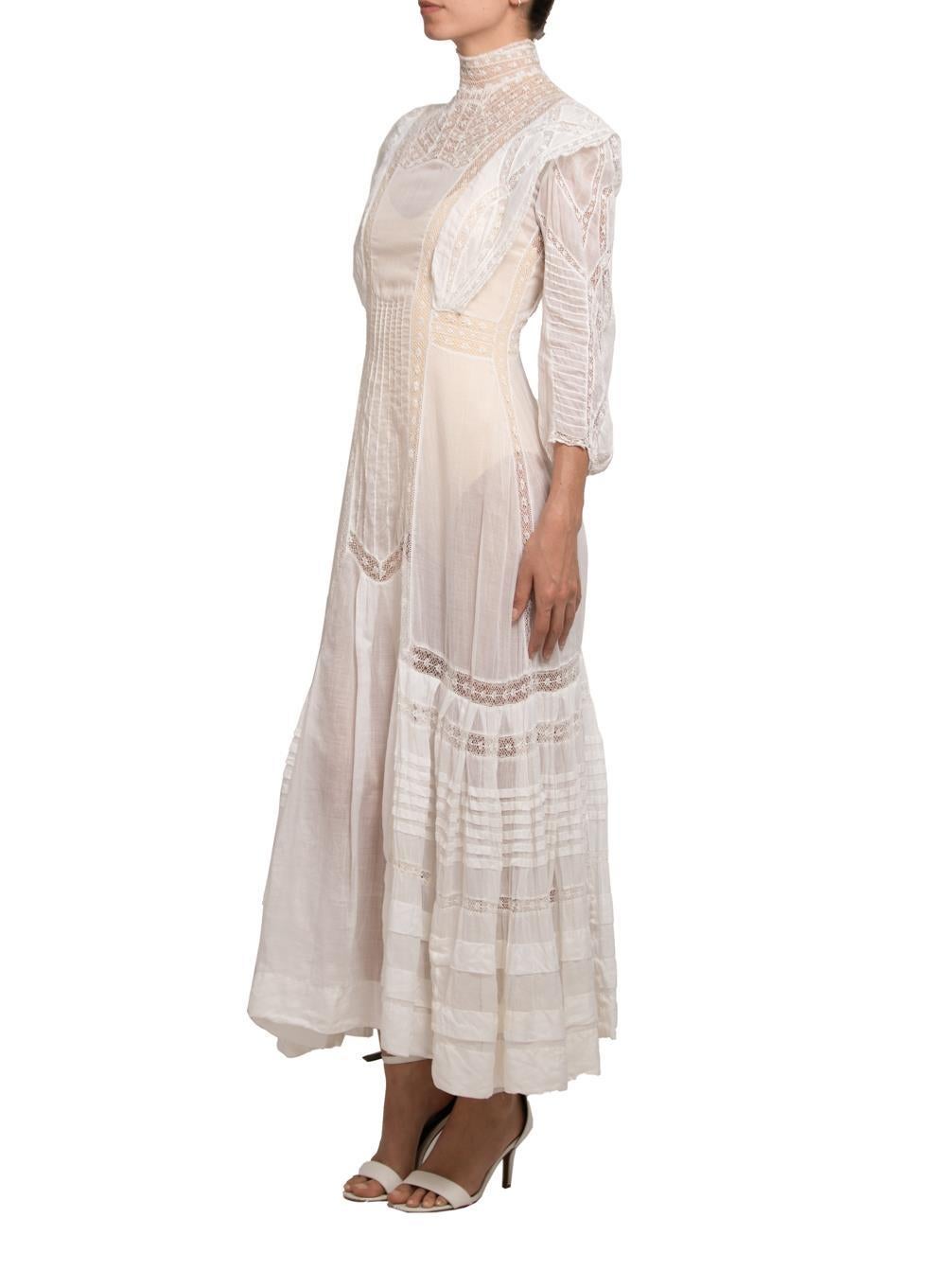 Victorian Cream Organic Cotton Voile & Lace Long Sleeved Dress For Sale 1