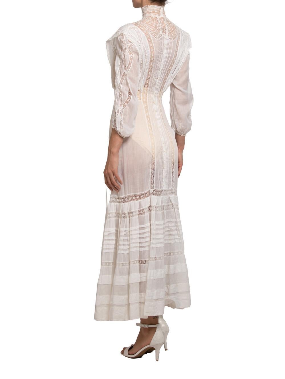 Victorian Cream Organic Cotton Voile & Lace Long Sleeved Dress For Sale 2
