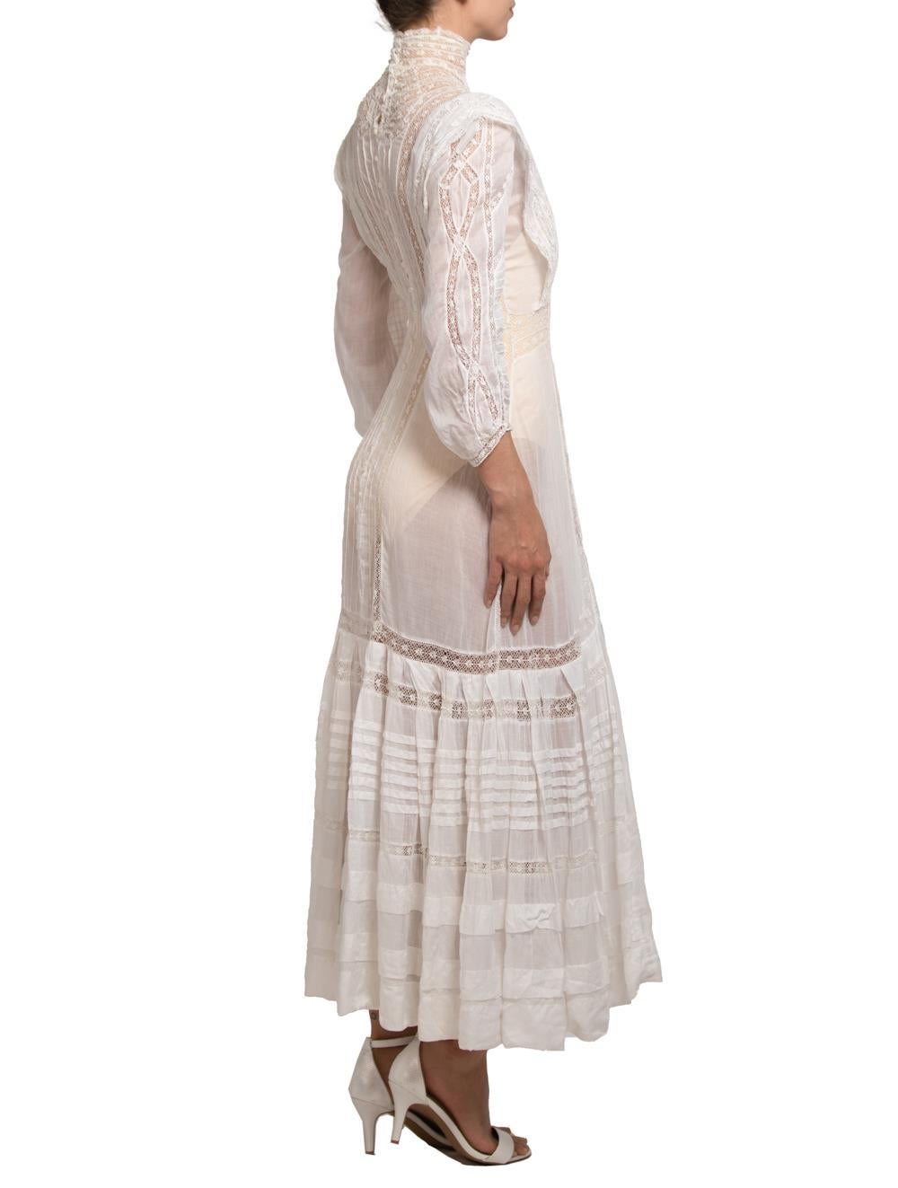 Victorian Cream Organic Cotton Voile & Lace Long Sleeved Dress For Sale 3