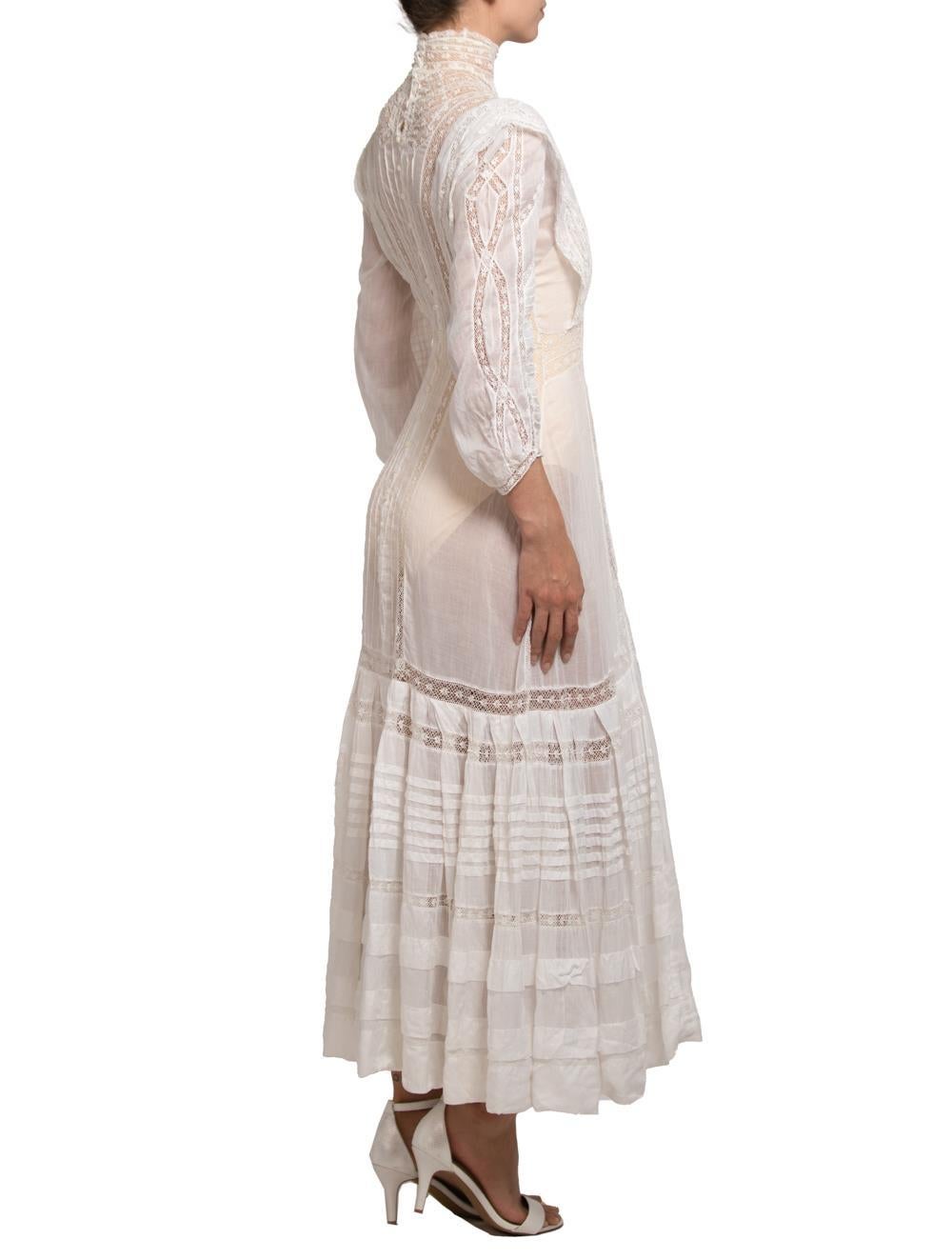 Victorian Cream Organic Cotton Voile & Lace Long Sleeved Dress For Sale 2