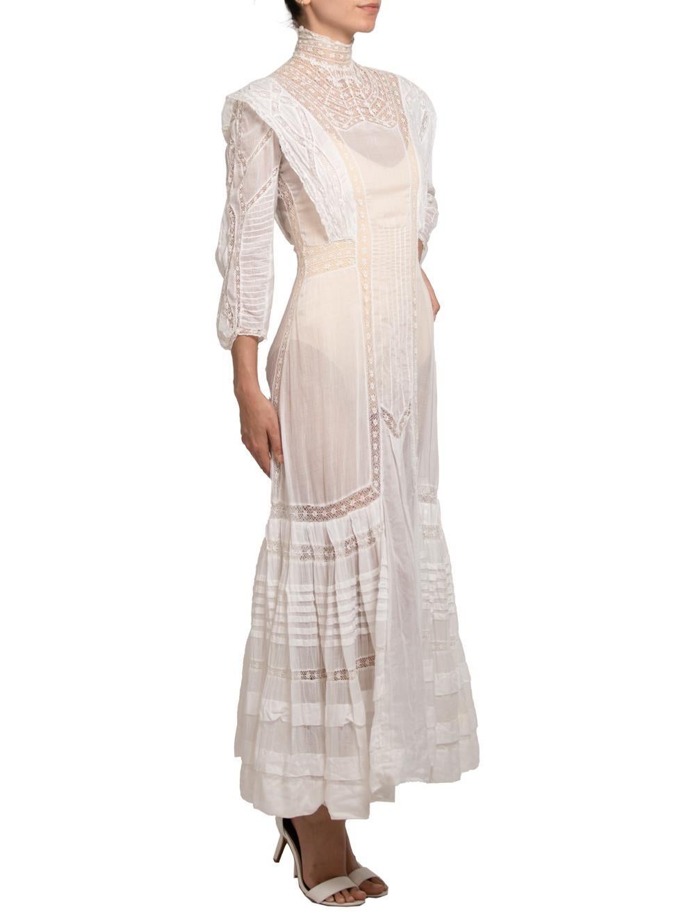 Victorian Cream Organic Cotton Voile & Lace Long Sleeved Dress For Sale 4