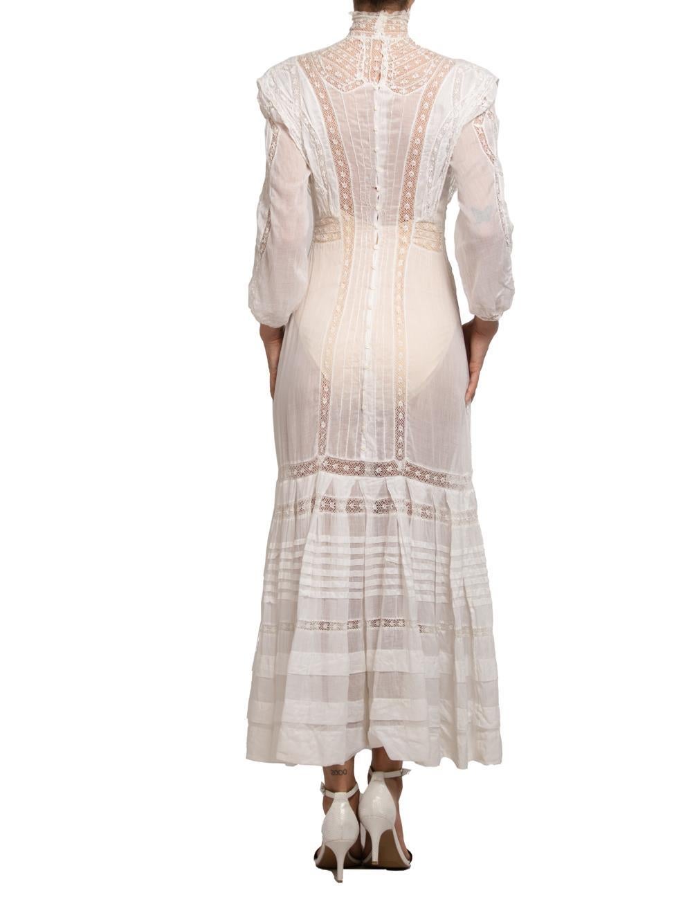 Victorian Cream Organic Cotton Voile & Lace Long Sleeved Dress For Sale 5