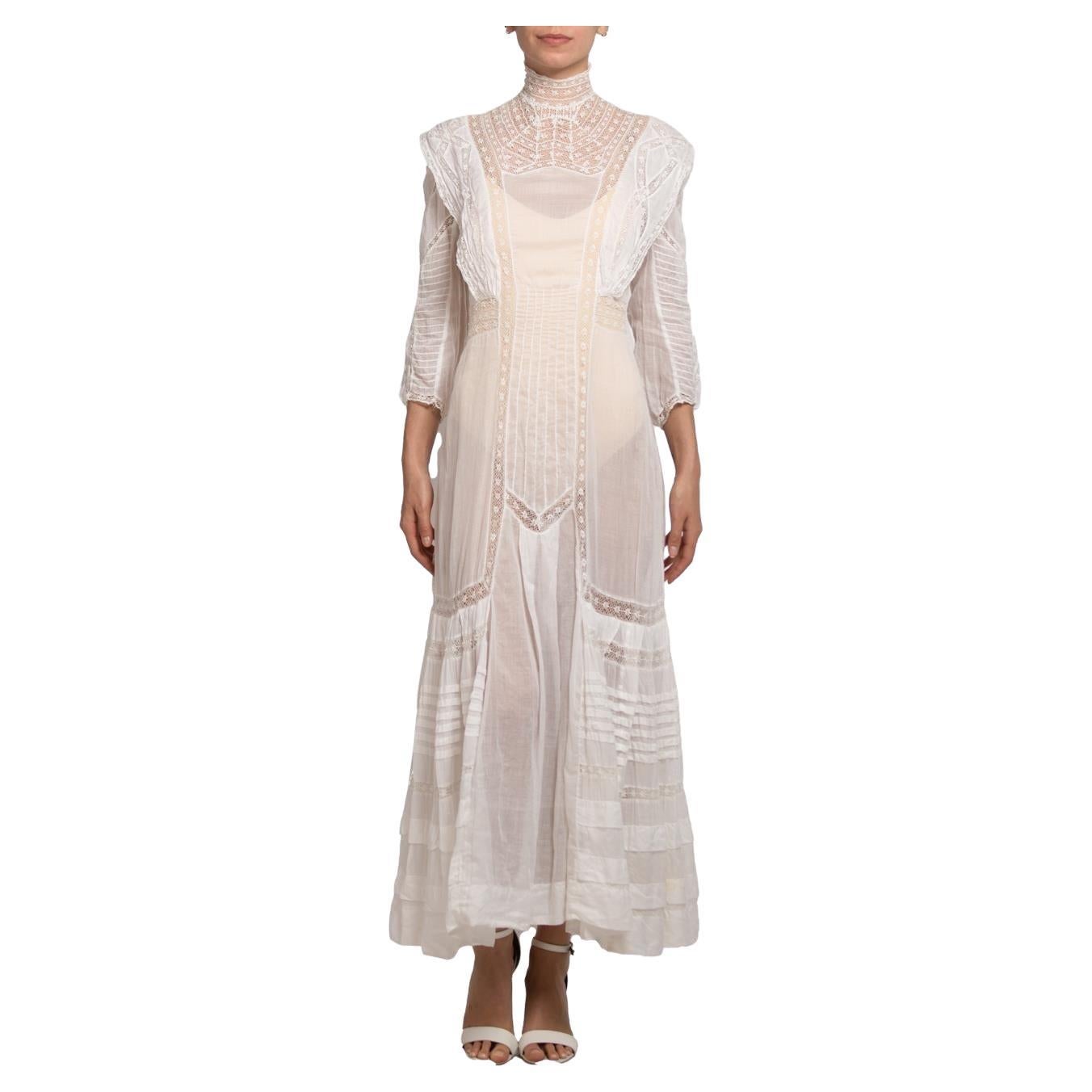 Victorian Cream Organic Cotton Voile & Lace Long Sleeved Dress For Sale
