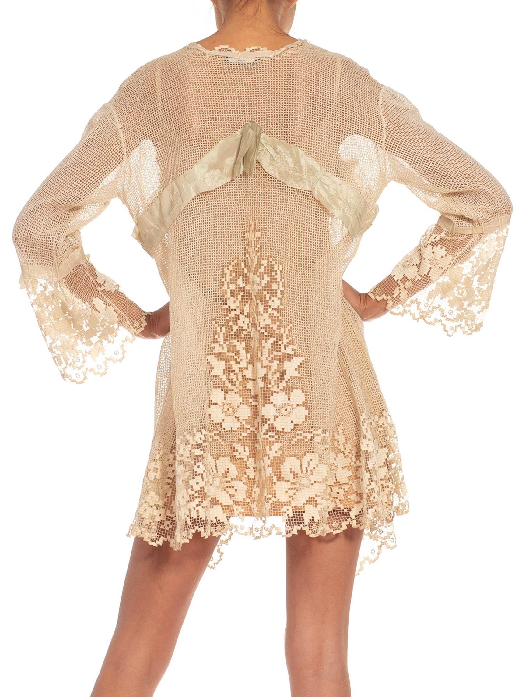 Beige Victorian Cream Silk Blend Hand Made Woven Lace Jacket With Bows For Sale