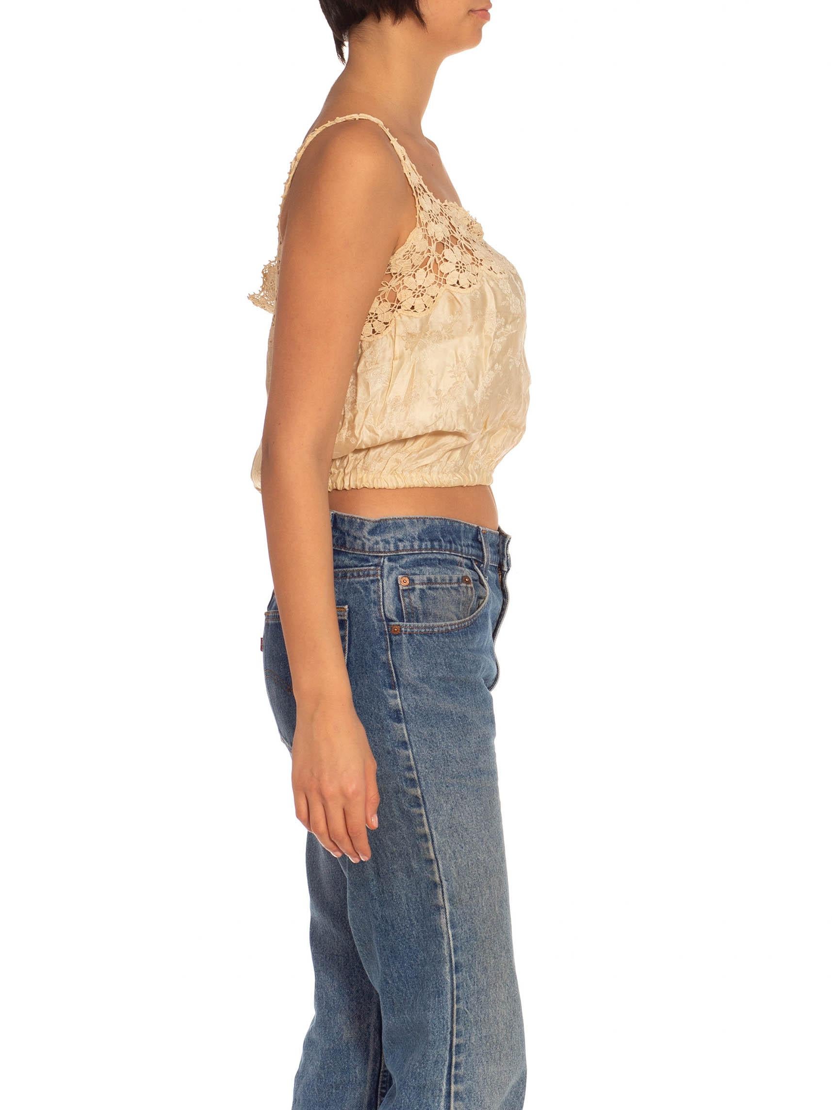 Beige Victorian Cream Silk Embroidered Lace Top With Elastic Waist For Sale