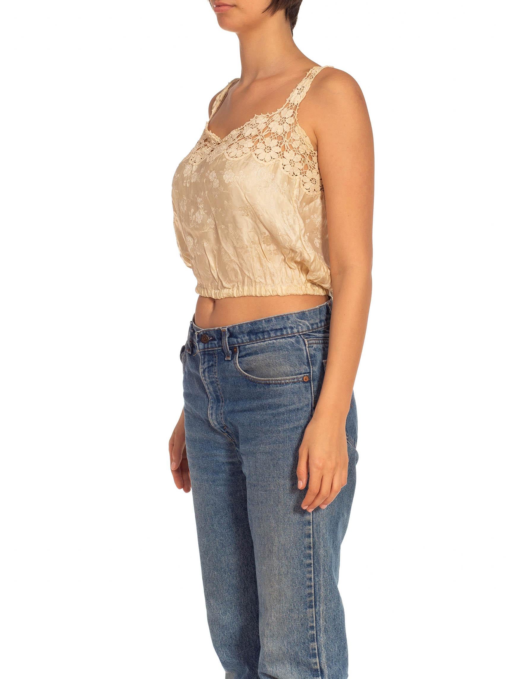 Women's Victorian Cream Silk Embroidered Lace Top With Elastic Waist For Sale