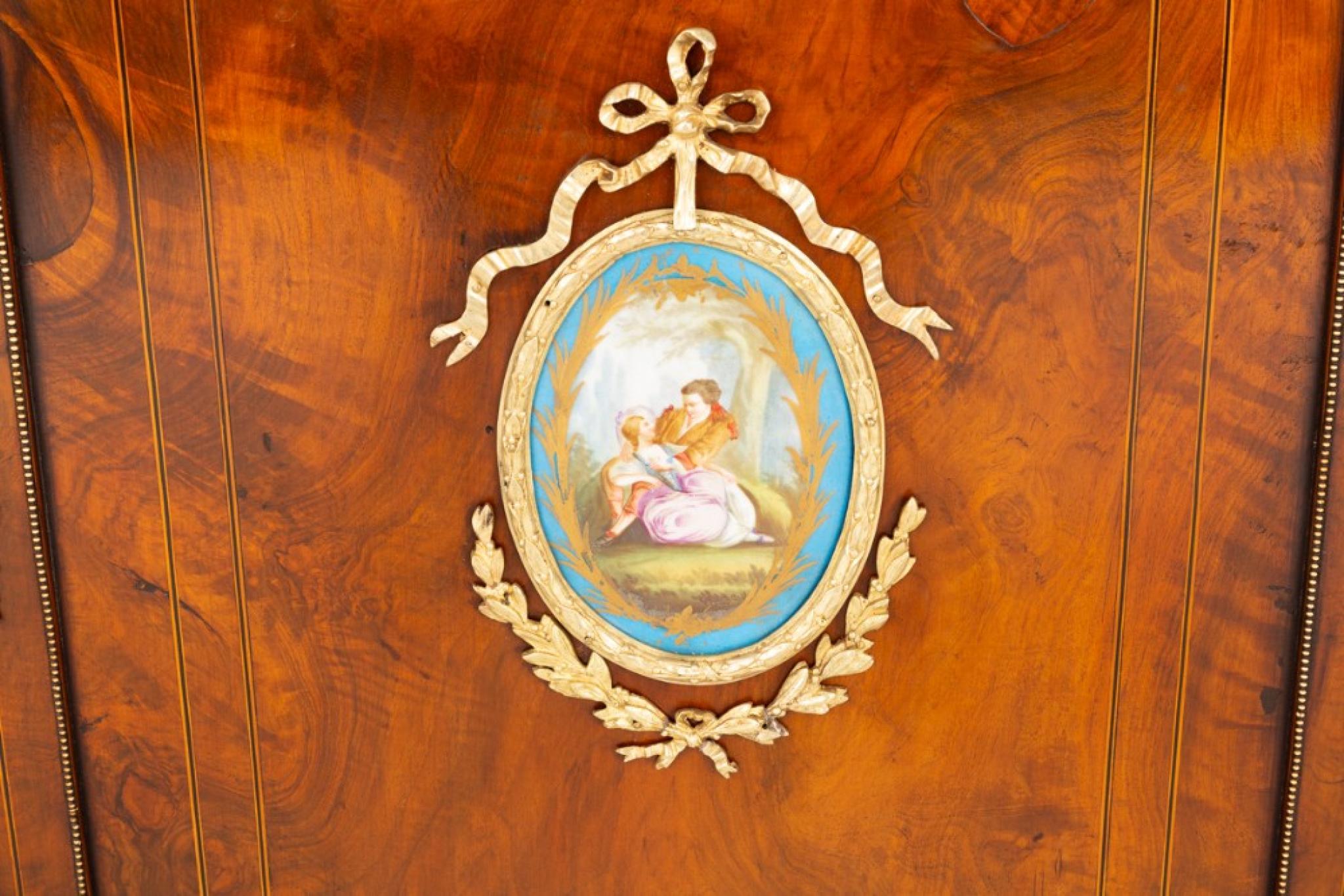 Victorian Credenza Burr Walnut Cabinet Sevres Plaque 1860 In Good Condition For Sale In Potters Bar, GB