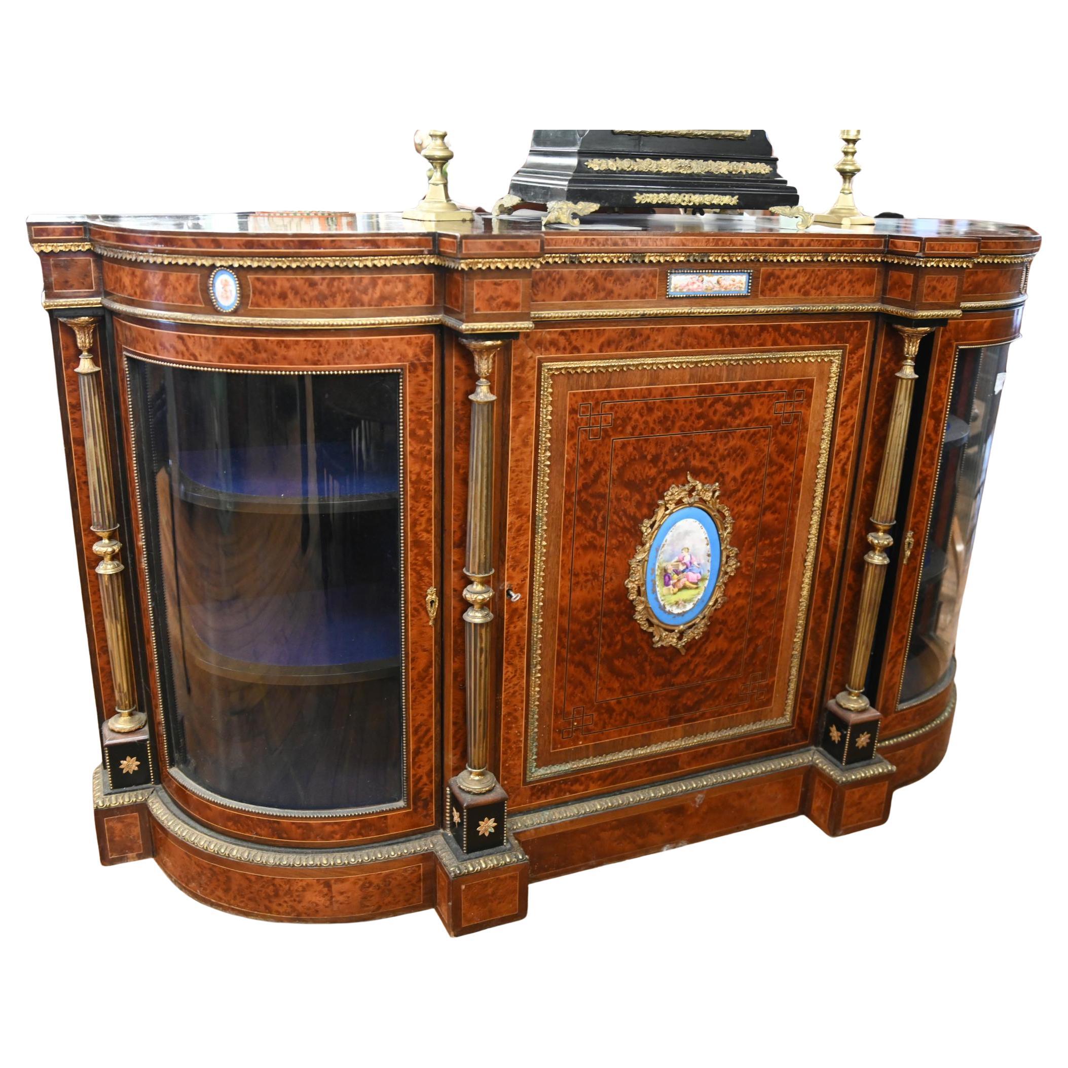 Victorian Credenza Walnut Cabinet Sevres Plaques 1860