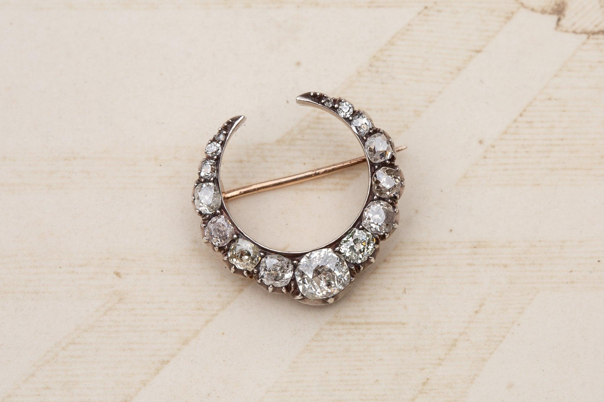 Cushion Cut Victorian Crescent Moon Brooch For Sale