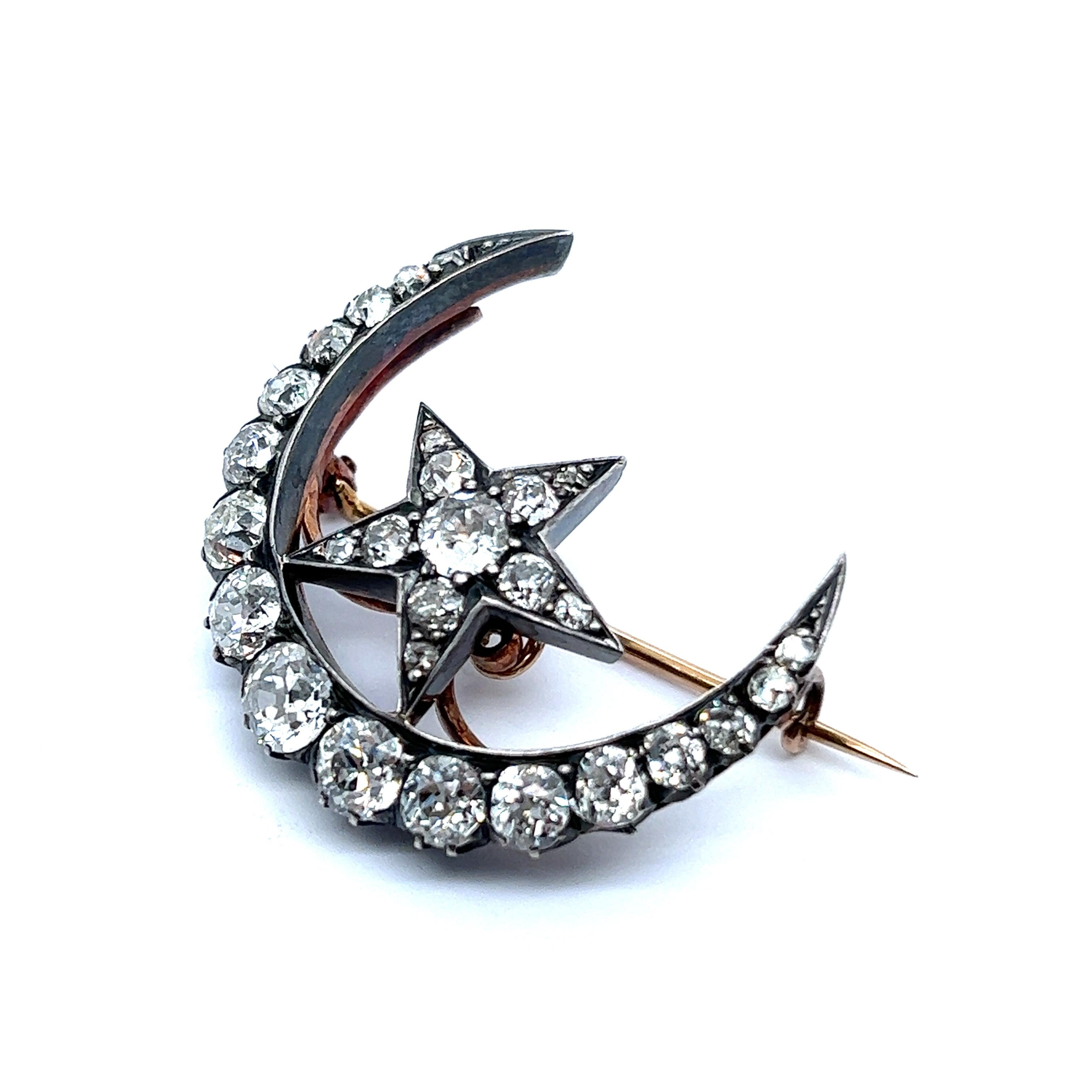 Old European Cut Victorian Crescent Moon Brooch with Old Cut Diamonds in Red Gold and Silver