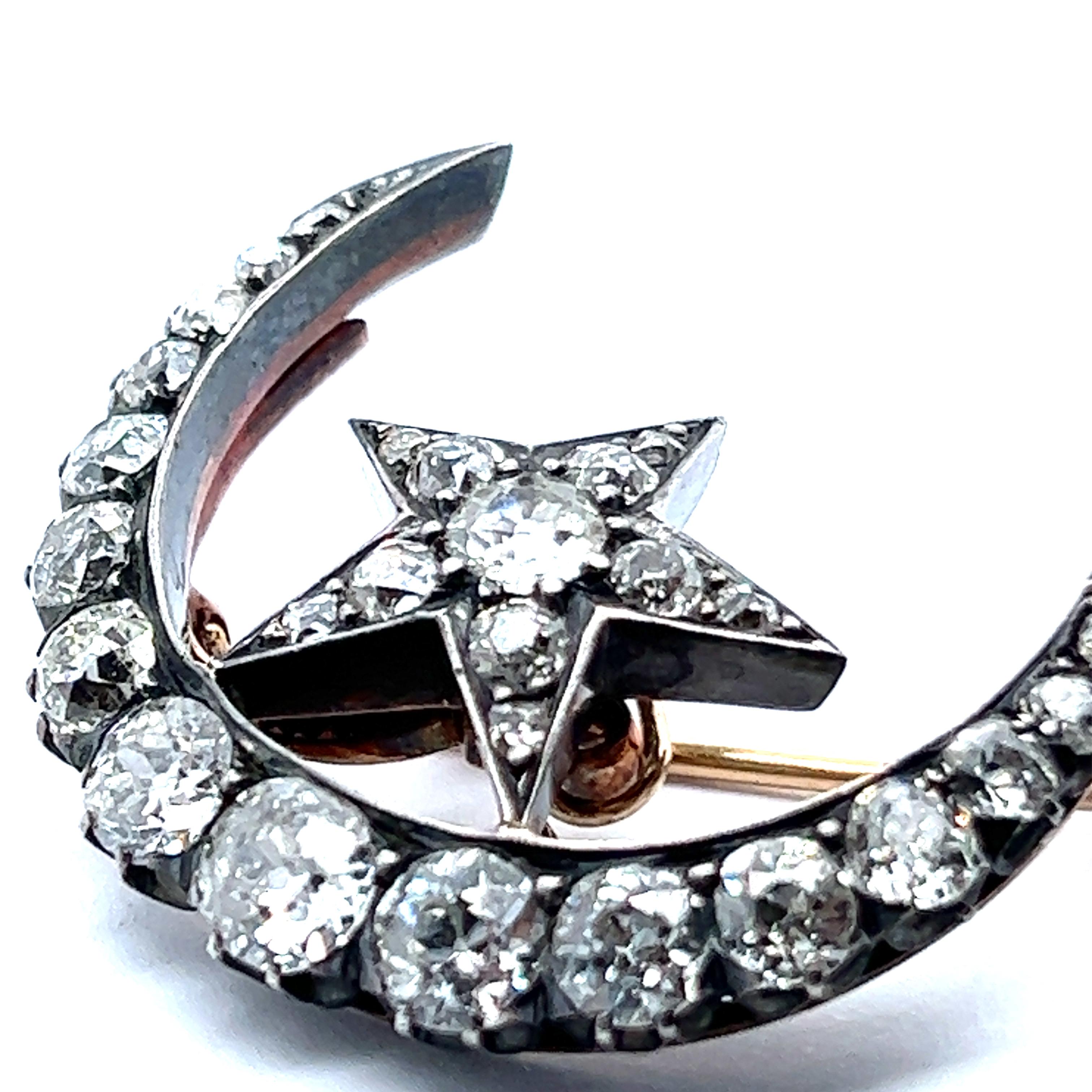 Victorian Crescent Moon Brooch with Old Cut Diamonds in Red Gold and Silver In Good Condition In Lucerne, CH