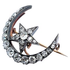 Victorian Crescent Moon Brooch with Old Cut Diamonds in Red Gold and Silver