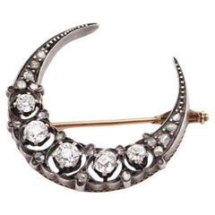 Victorian crescent moon diamond brooch in silver and 18k gold, Antique celestial