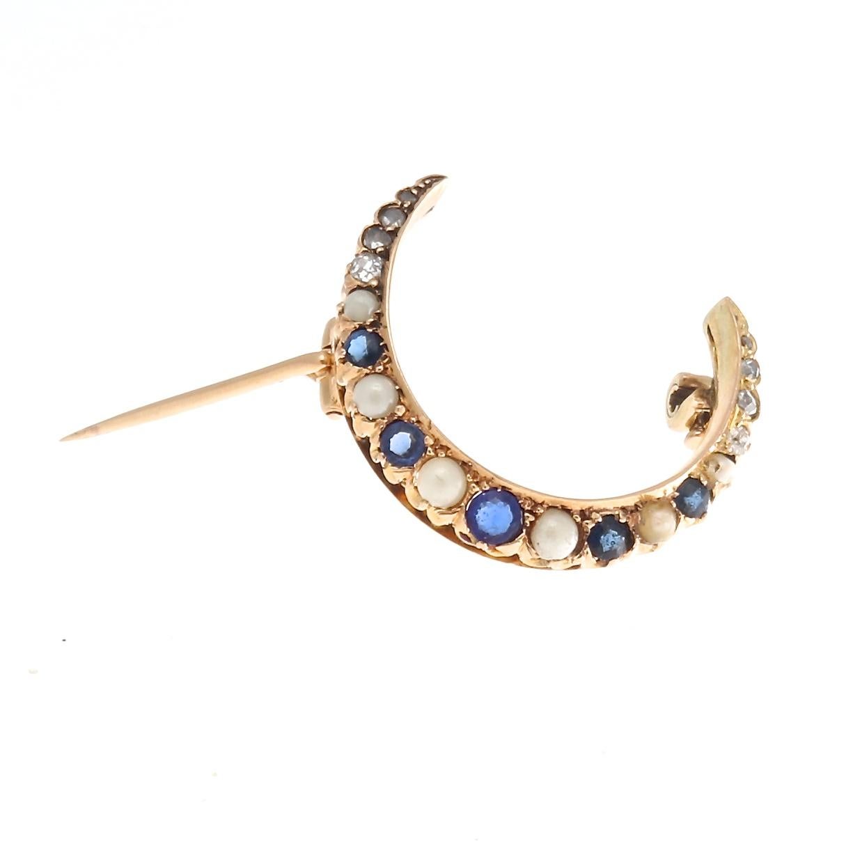 Victorian Crescent Sapphire Pearl Diamond Gold Brooch In Excellent Condition In Beverly Hills, CA