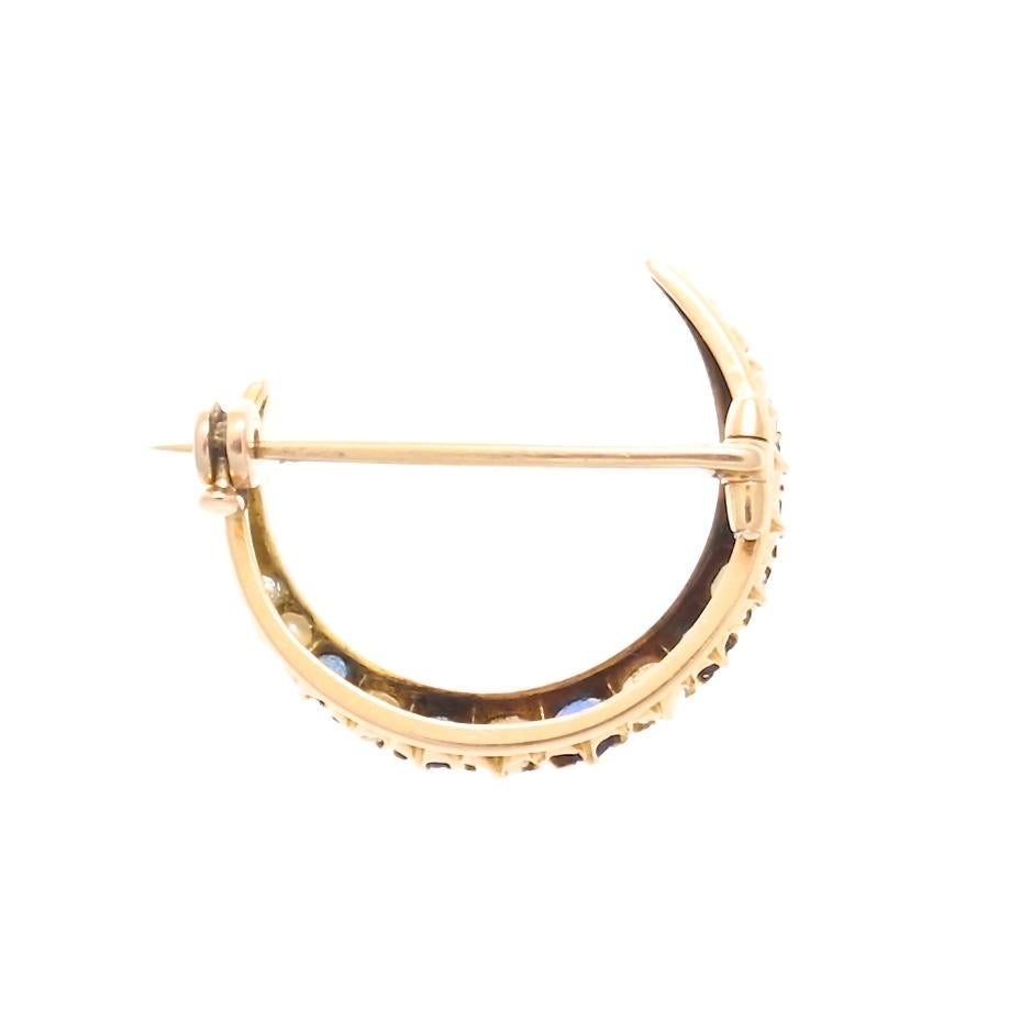 Women's or Men's Victorian Crescent Sapphire Pearl Diamond Gold Brooch