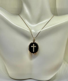 Victorian Cross Locket Gold Inlaid Black Onyx Pearl Photo Pendant Necklace