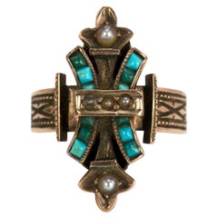 Victorian Cross Ring in 10K Gold with Turquoise and Seed Pearls