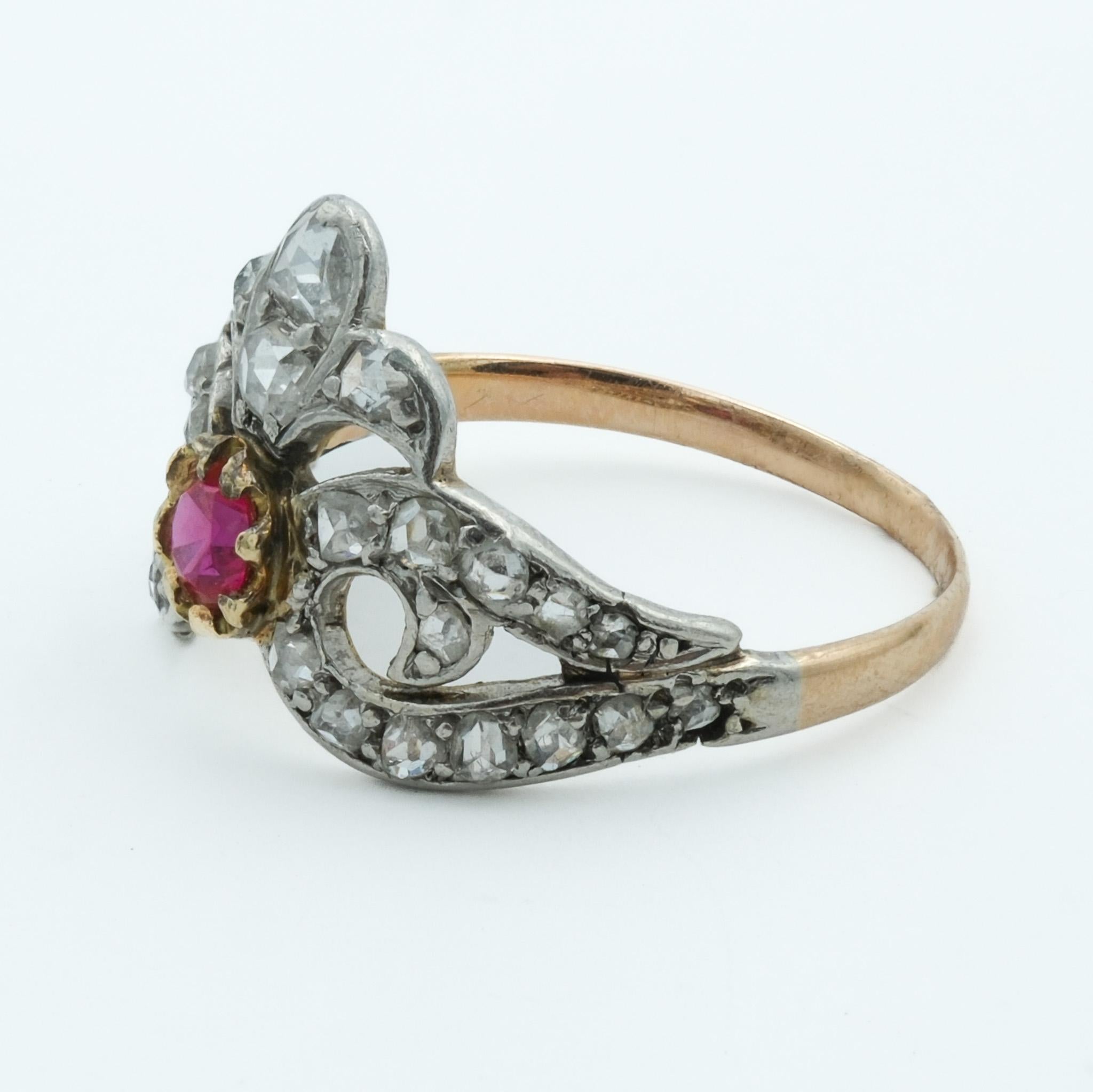 Round Cut Victorian Crown 18 Karat and Platinum Ring, Synthetic Ruby and Rose Cut Diamonds For Sale