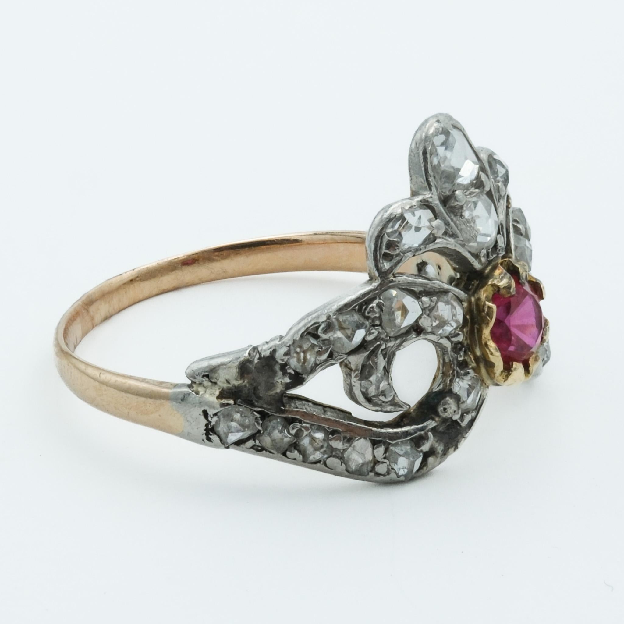 Women's Victorian Crown 18 Karat and Platinum Ring, Synthetic Ruby and Rose Cut Diamonds For Sale