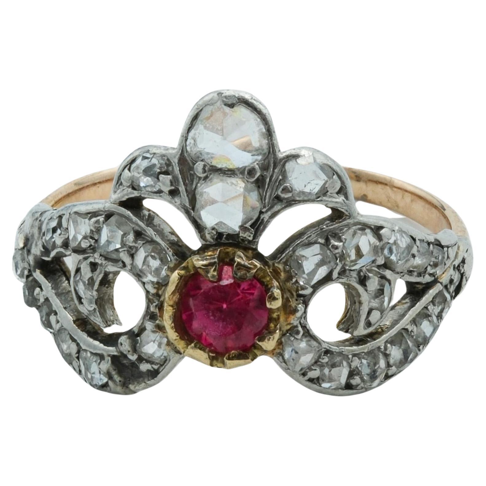 Victorian Crown 18 Karat and Platinum Ring, Synthetic Ruby and Rose Cut Diamonds For Sale