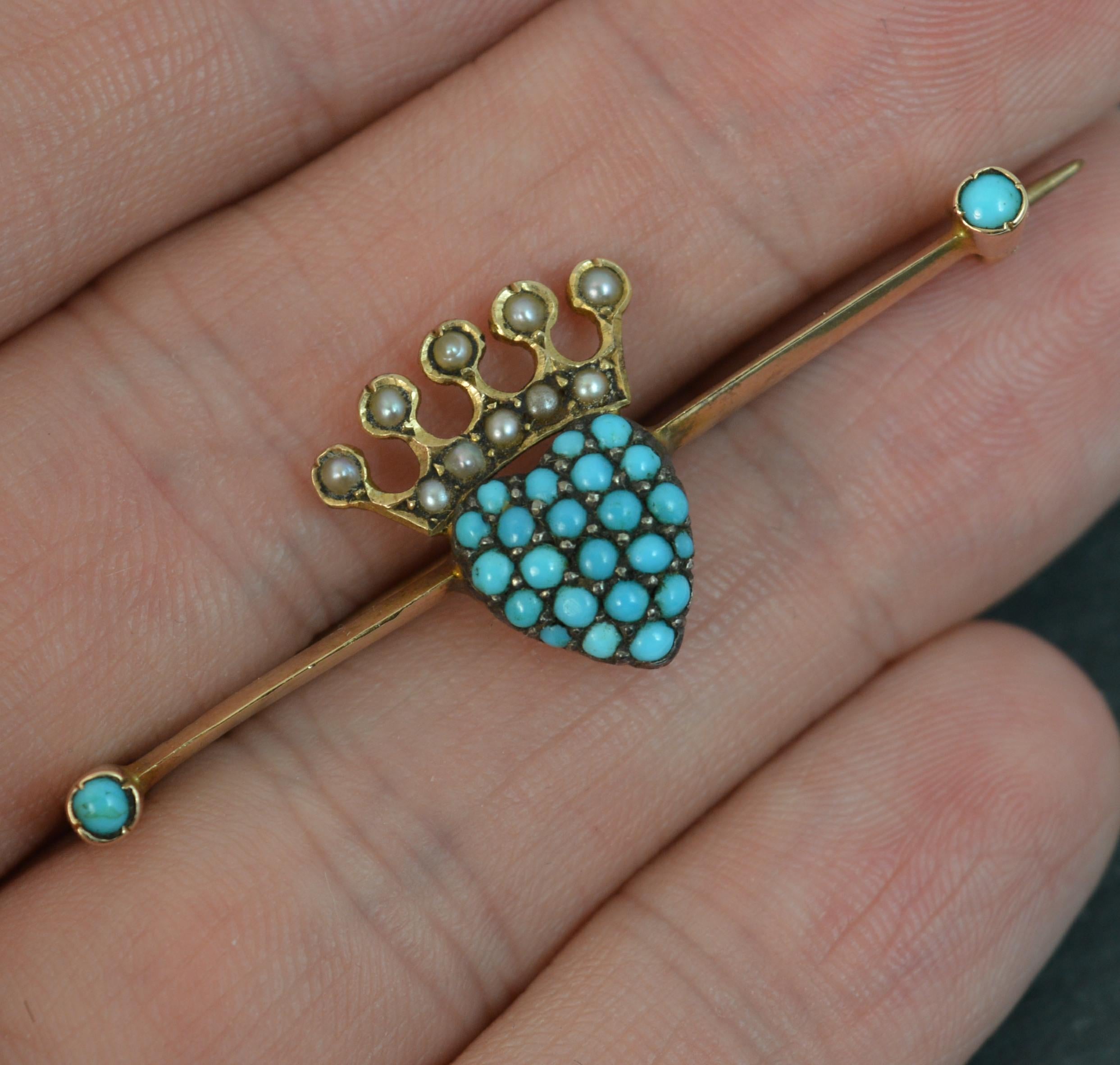 Victorian Crown Heart Turquoise Bar Brooch In Good Condition In St Helens, GB