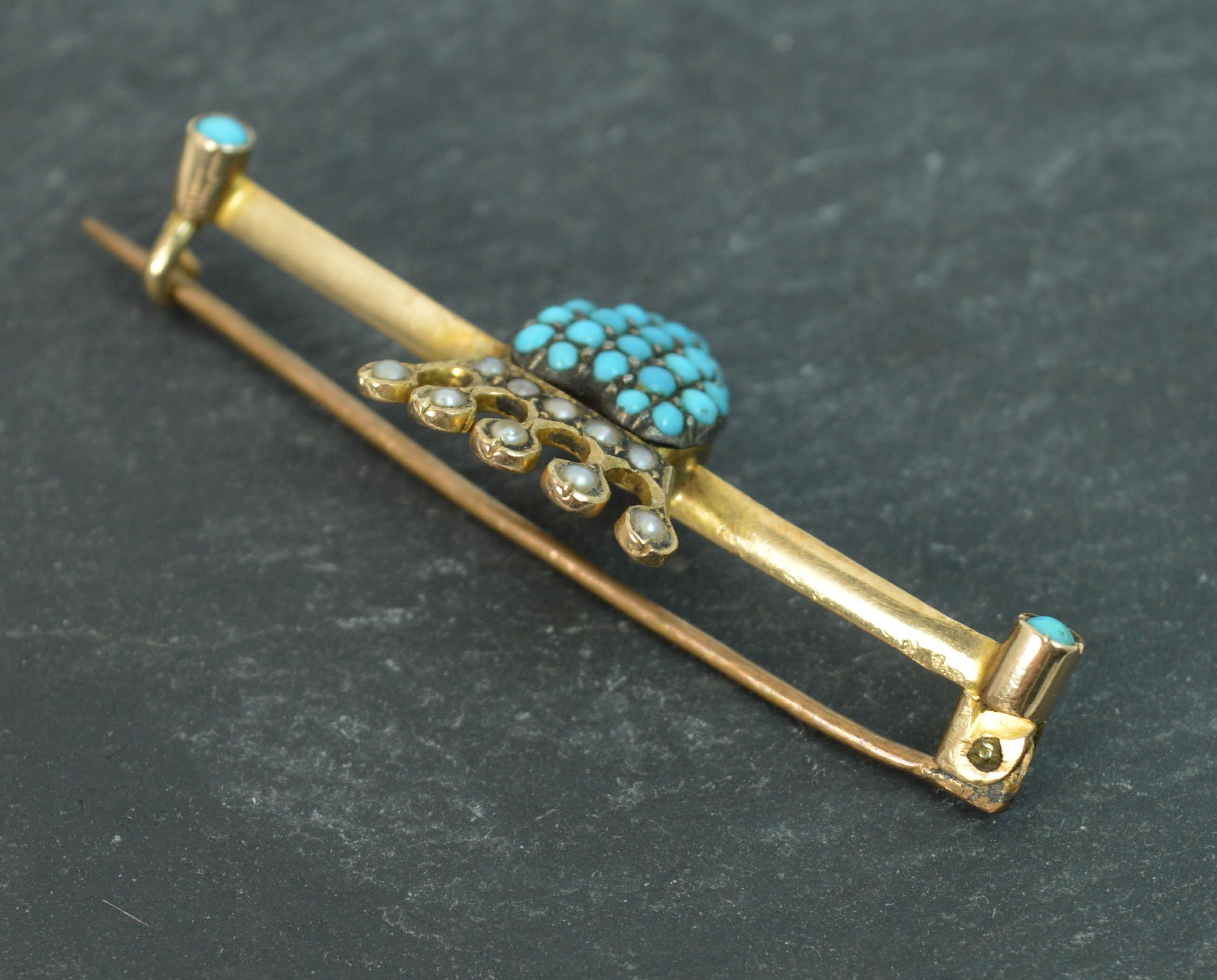 Victorian Crown Heart Turquoise Bar Brooch 1