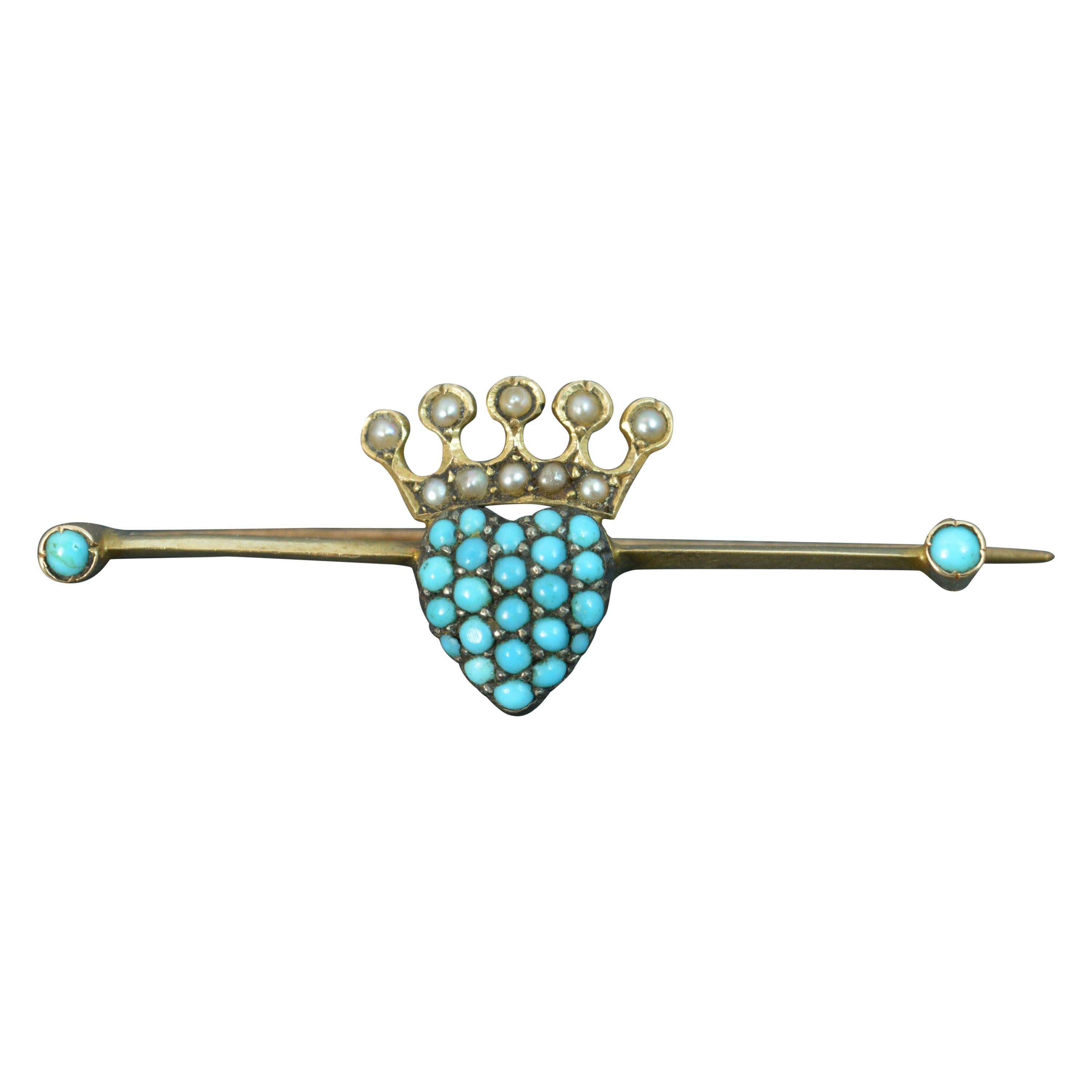 Victorian Crown Heart Turquoise Bar Brooch