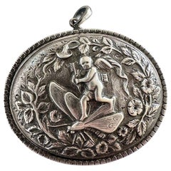 Victorian Cupid Cherub Angel Riding Butterfly Flowers Photo Locket Necklace