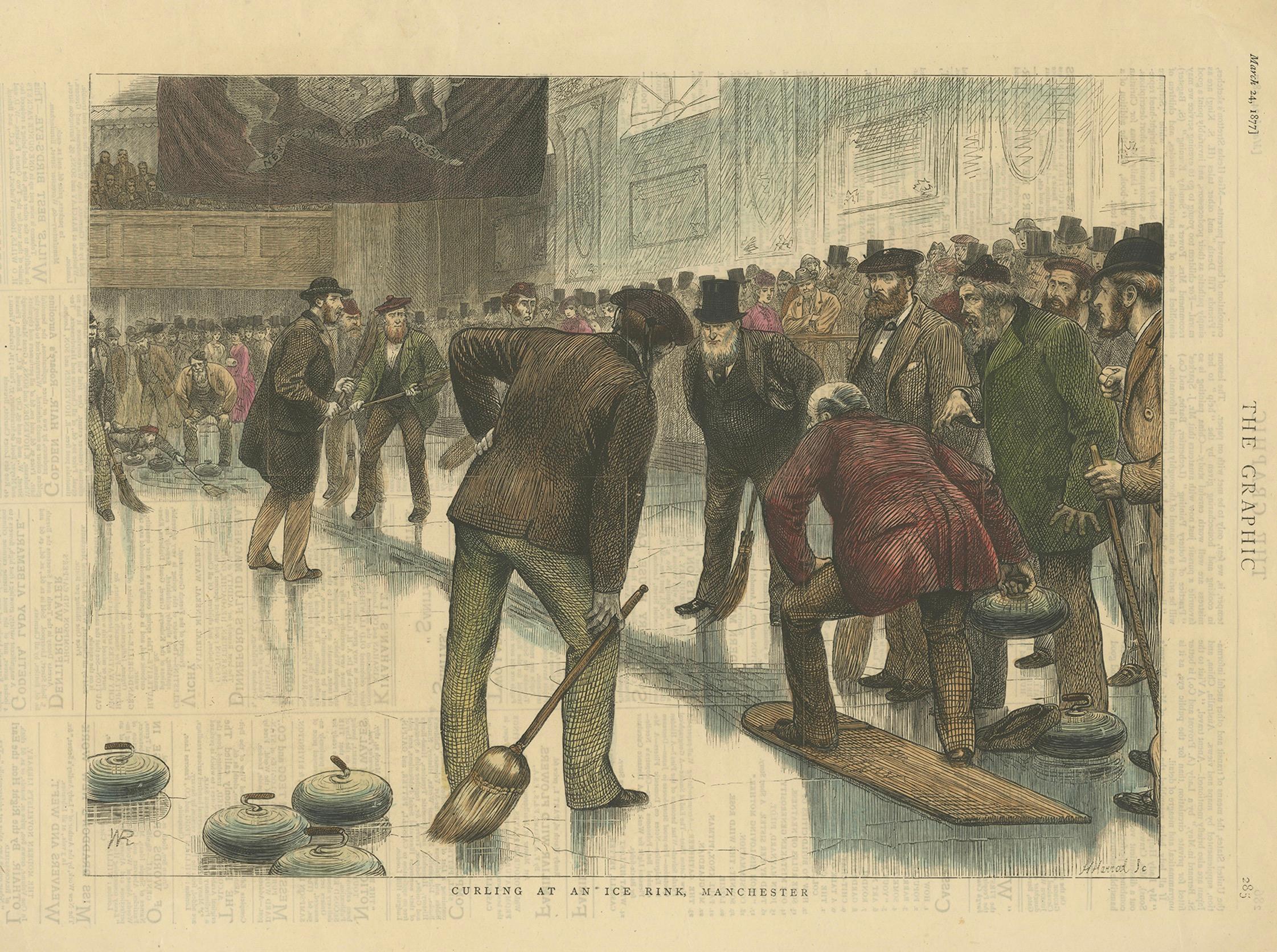 The image is a hand-colored print from The Graphic, dated March 24, 1877, depicting a scene of men playing the sport of curling at an ice rink in Manchester. 

Description of this original antique Print:

- **Setting**: The scene takes place indoors