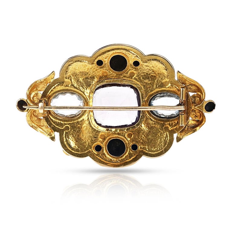 Broche victorienne en or 18 carats avec améthyste taille coussin et topaze  ovale En vente sur 1stDibs