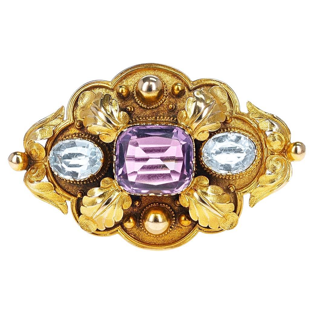 Victorian Cushion Amethyst and Oval Topaz Brooch, 18k For Sale