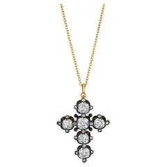 Victorian Cushion Cut Black Enamel Gold Silver Cross Pendant Necklace