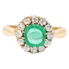 Victorian Cushion Cut Emerald Old Mine Cut Diamond 14 Karat Yellow Gold Ring