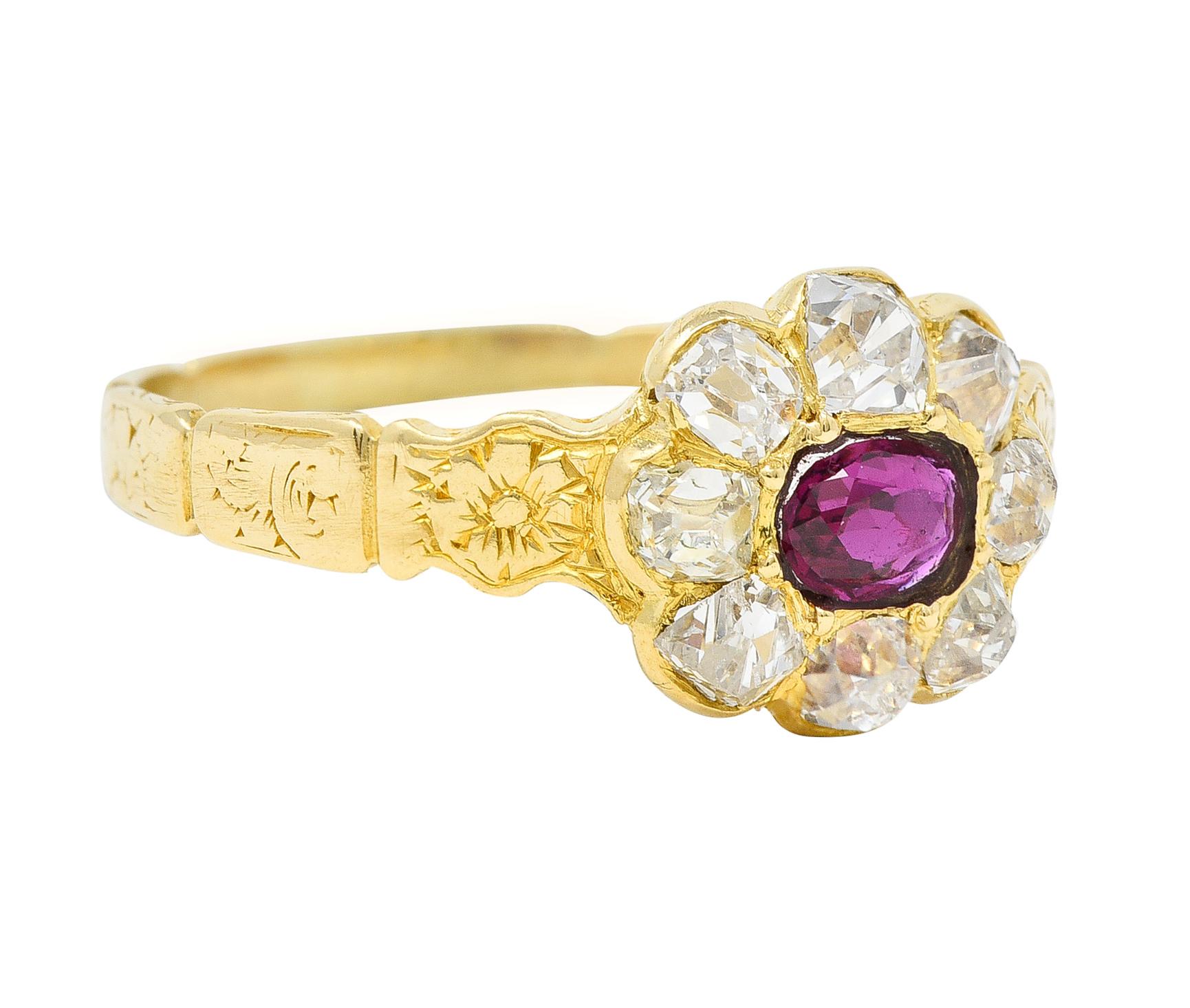 Centering an elongated cushion cut ruby weighing approximately 0.40 carat
Transparent medium red - bead set east to west with a halo surround
Comprised of old mine cut diamonds weighing approximately 0.48 carat total
G/H in color and clarity