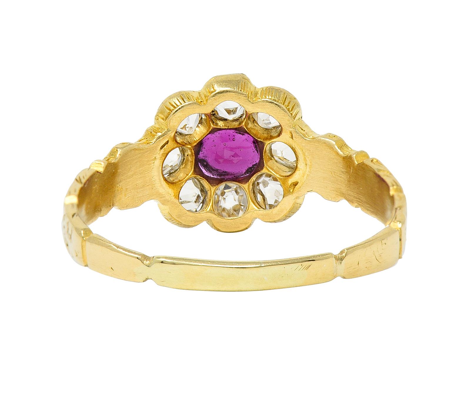Victorian Cushion Cut Ruby Diamond 18 Karat Yellow Gold Antique Halo Ring In Excellent Condition For Sale In Philadelphia, PA