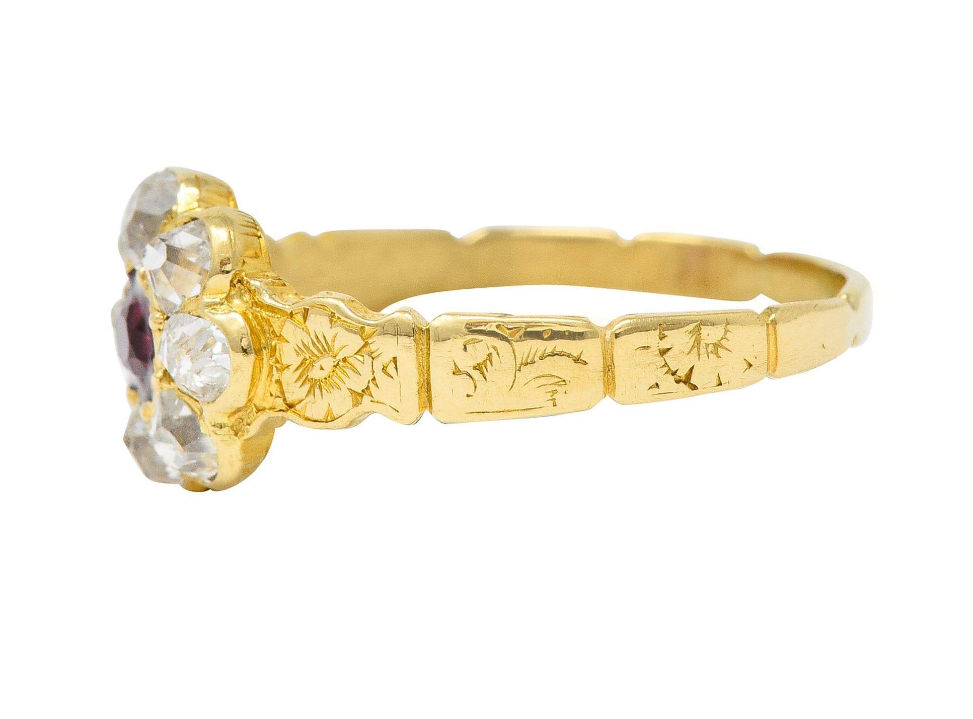 Women's or Men's Victorian Cushion Cut Ruby Diamond 18 Karat Yellow Gold Antique Halo Ring For Sale