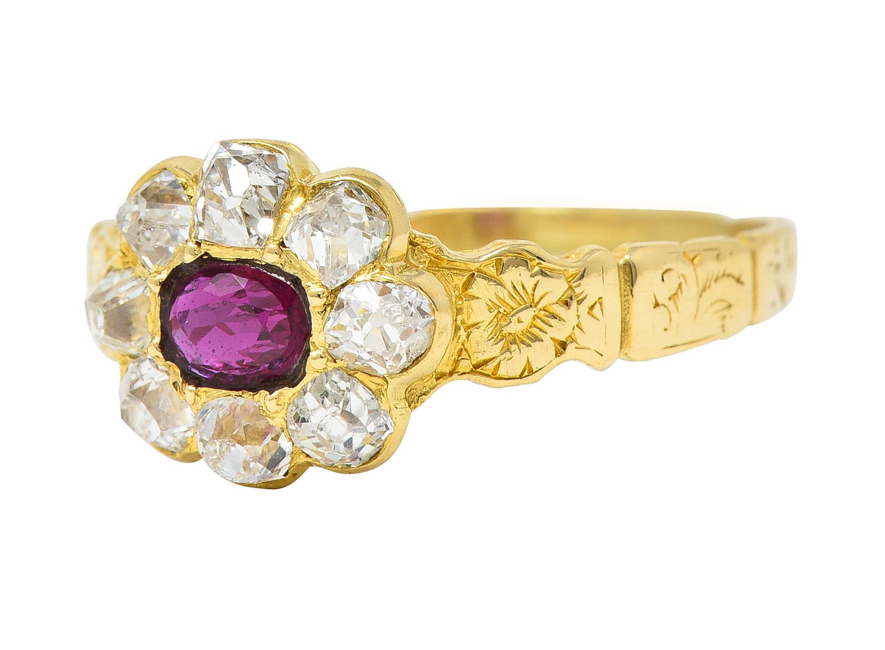 Victorian Cushion Cut Ruby Diamond 18 Karat Yellow Gold Antique Halo Ring For Sale 1