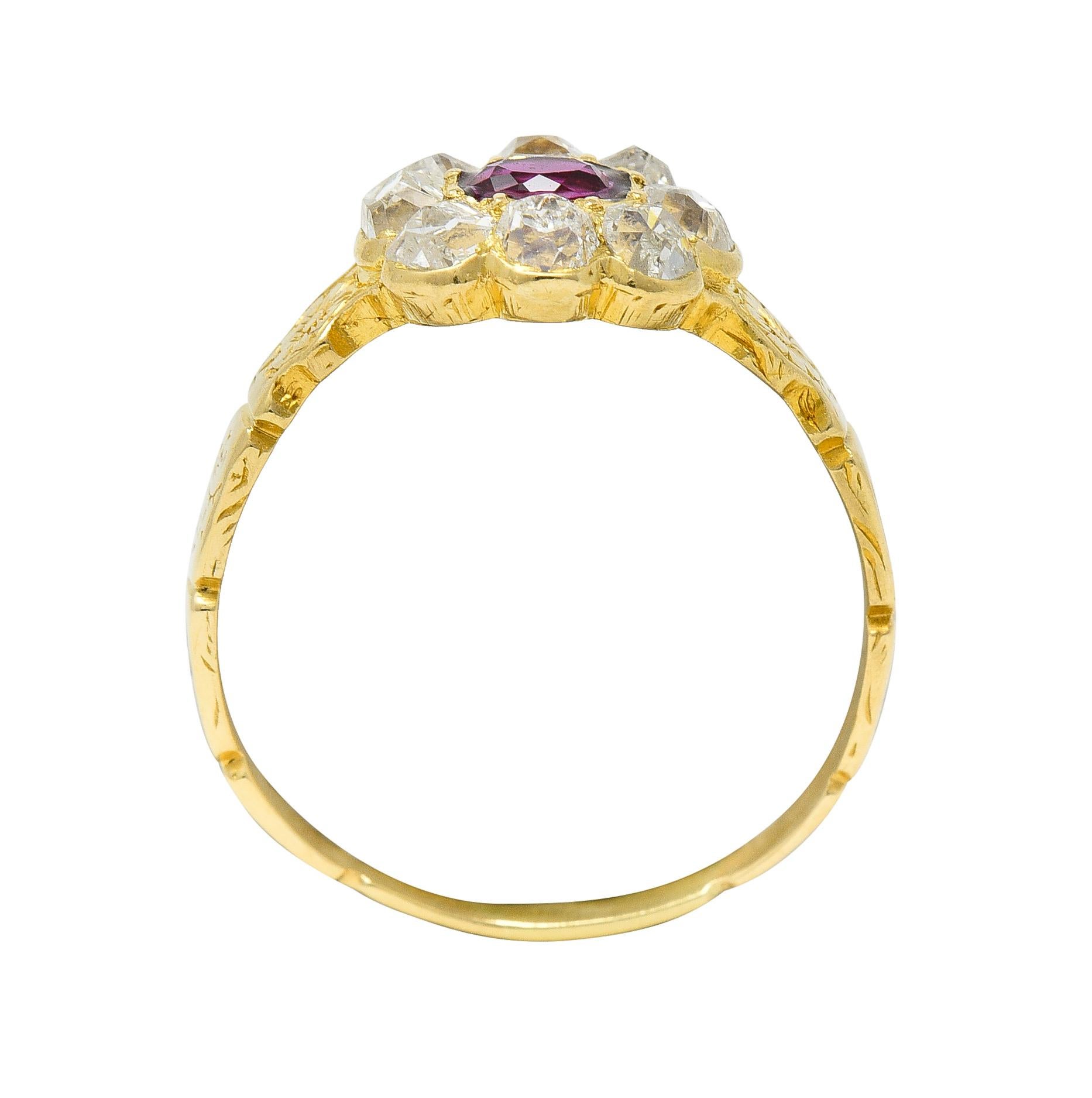 Victorian Cushion Cut Ruby Diamond 18 Karat Yellow Gold Antique Halo Ring For Sale 2
