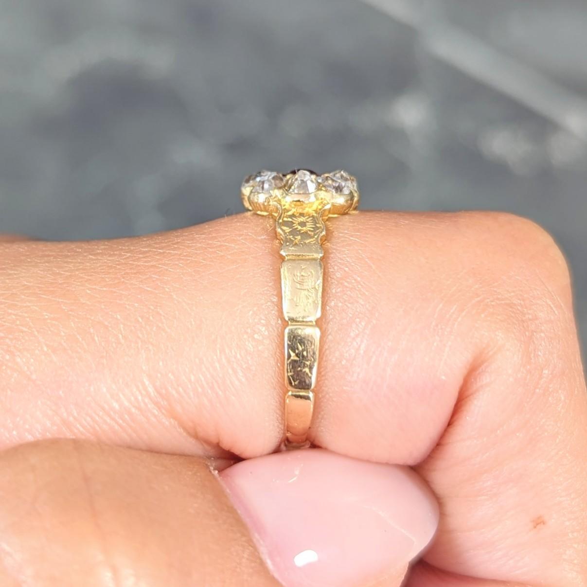 Victorian Cushion Cut Ruby Diamond 18 Karat Yellow Gold Antique Halo Ring For Sale 4