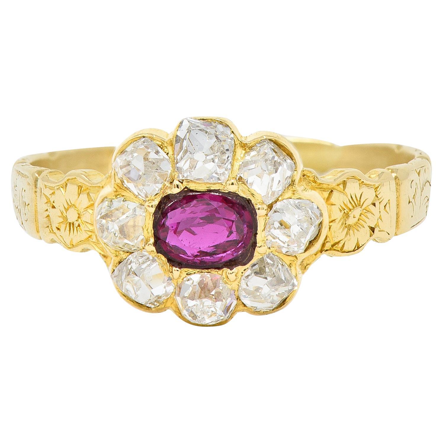 Victorian Cushion Cut Ruby Diamond 18 Karat Yellow Gold Antique Halo Ring For Sale
