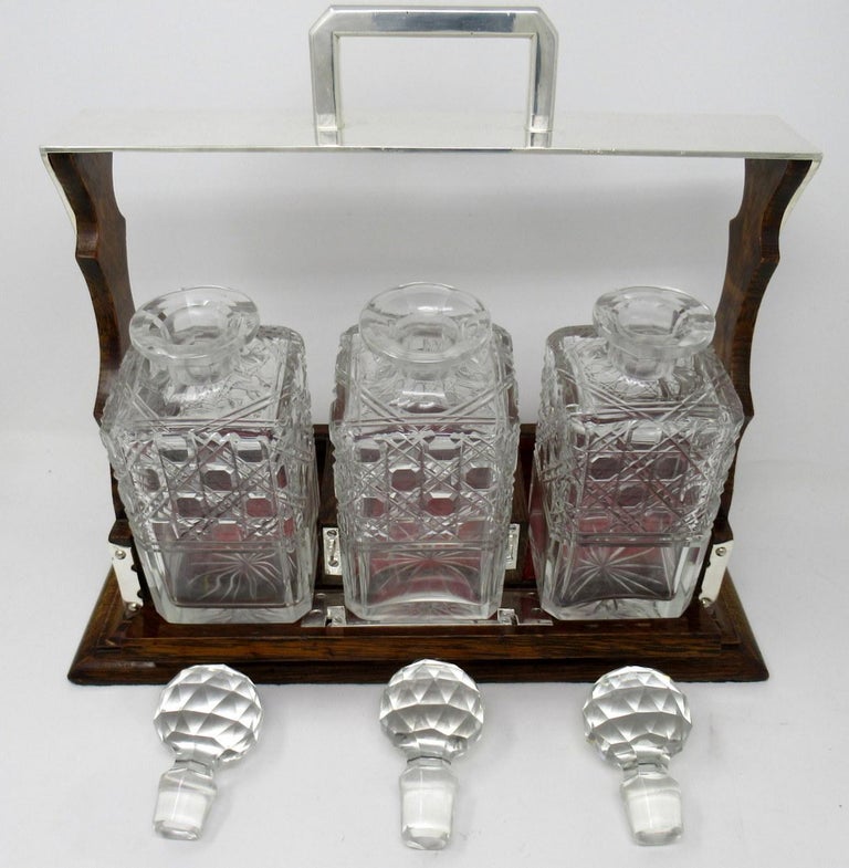 Victorian Cut Crystal Oak Framed Tantalus Decanter Silver Mounted, 19th