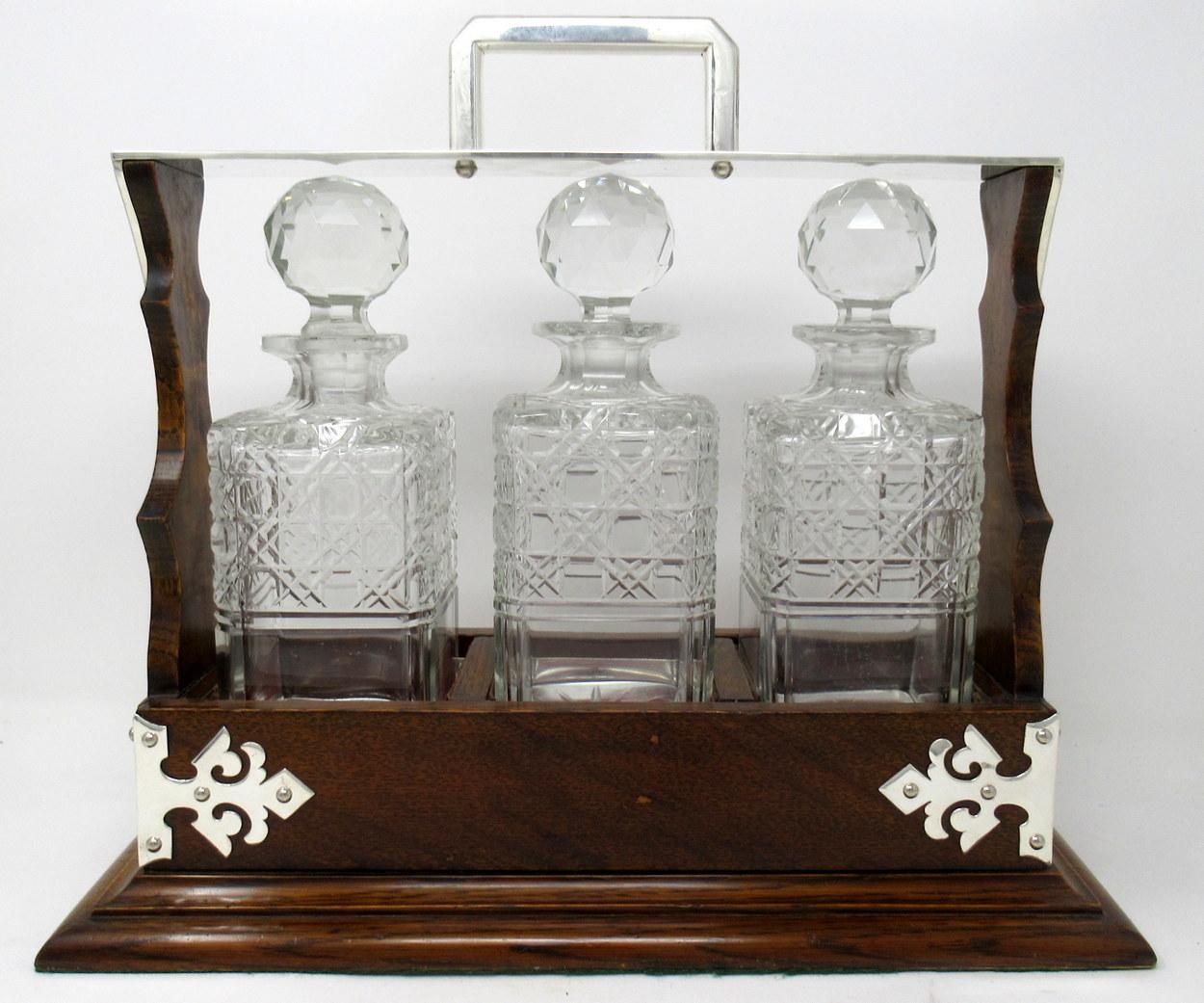 Silver Plate Victorian Cut Crystal Oak Framed Tantalus Decanter Silver Mounted, 19th Century