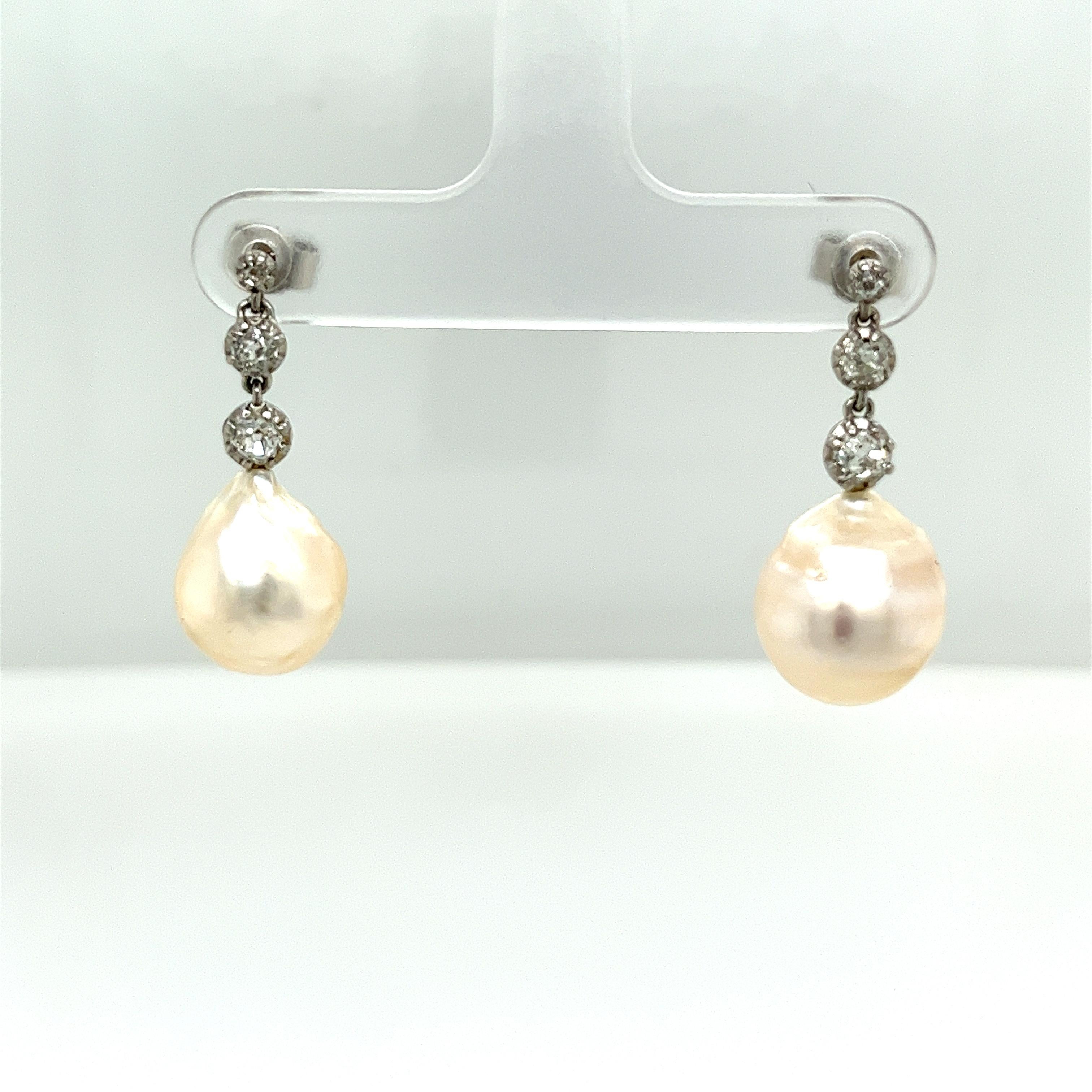 Round Cut Victorian Cut Diamond Drop Earrings Set with 0.30ct Diamonds & 2 Cultured Pearls For Sale