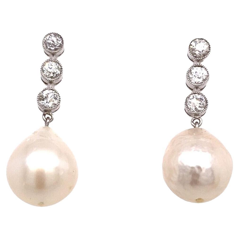 Victorian Cut Diamond Drop Earrings Set with 0.60ct Diamonds & 2 Cultured Pearls For Sale