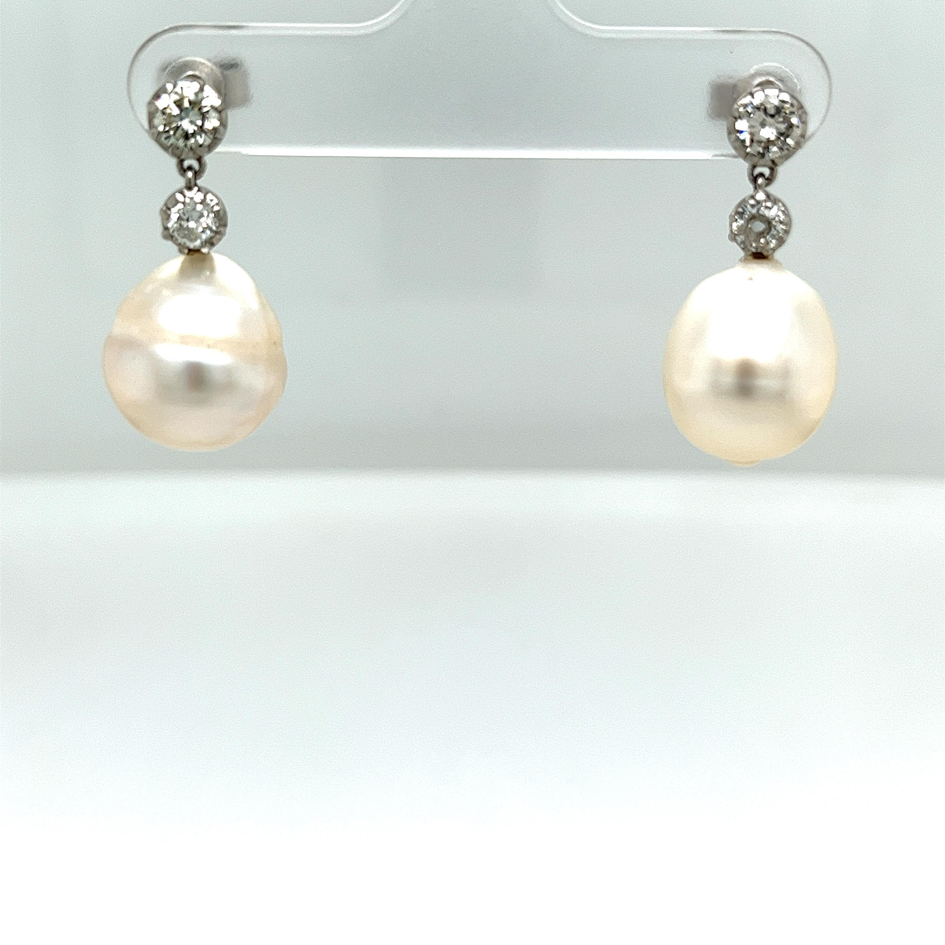 Round Cut Victorian Cut Diamond Drop Earrings Set with 0.65ct Diamonds & 2 Cultured Pearls For Sale