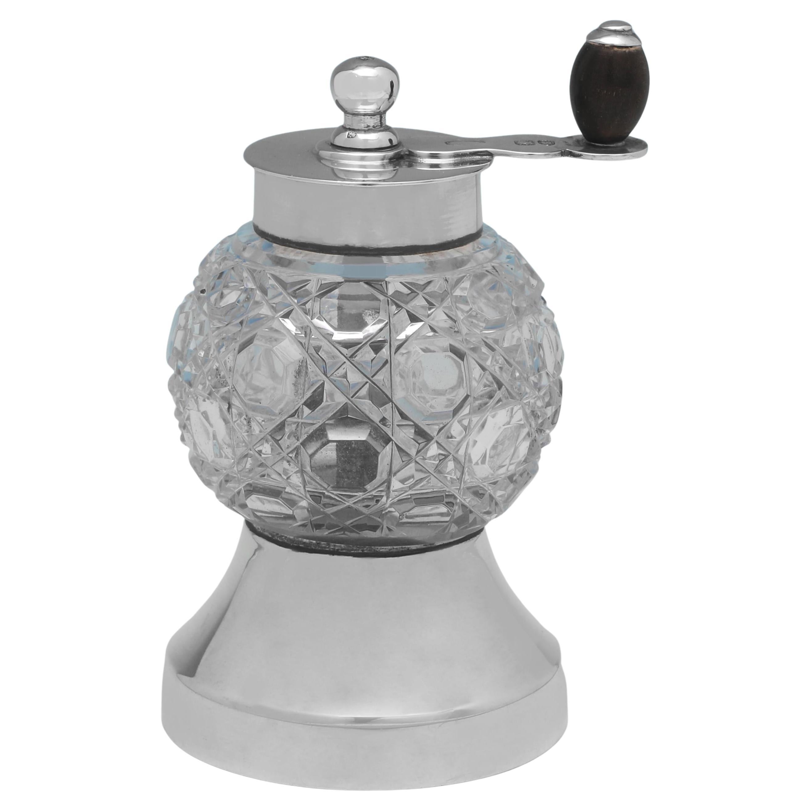Victorian cut glass and sterling silver pepper grinder made in London in 1889