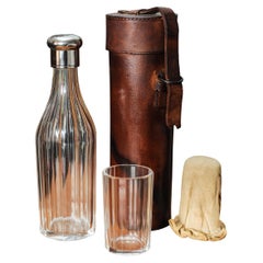 Antique Victorian Cut Glass Hunting Flask, Of Faceted Cylindrical Form With Shot Glass.