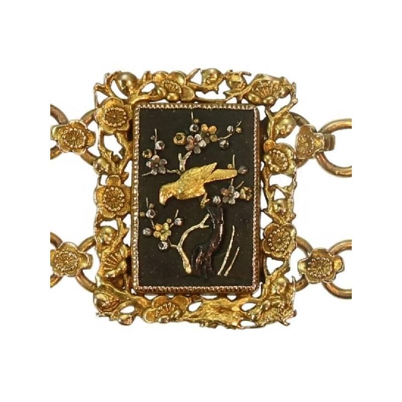 Victorian Damascene Shakudo Nature Miniatures 18 Karat Gold Link Bracelet For Sale 11